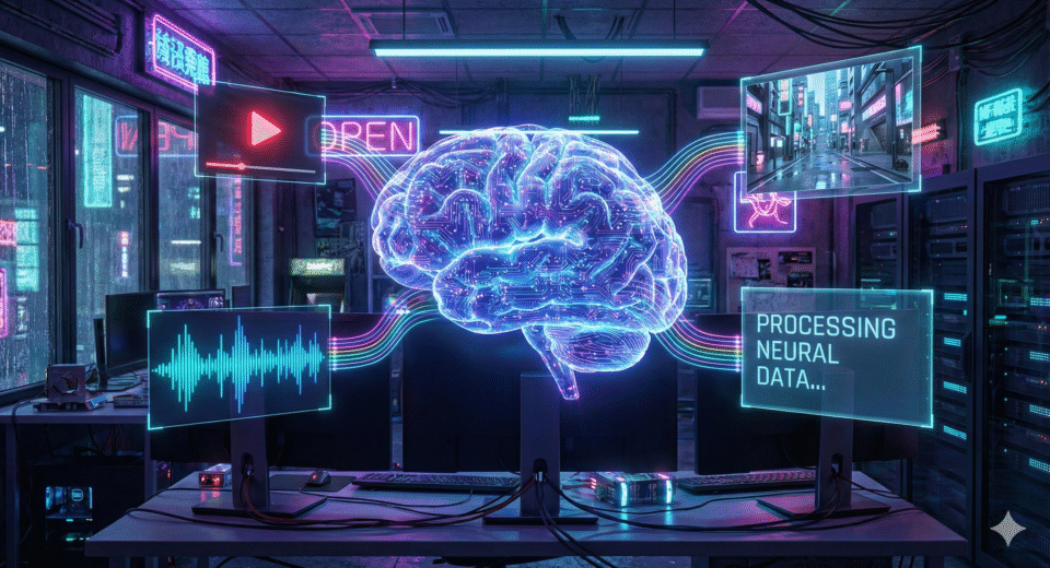 Ilustração futurista de um cérebro digital processando dados, ideal para representar o conceito de GEO (Generative Engine Optimization) e a otimização de conteúdo para mecanismos de busca baseados em IA.